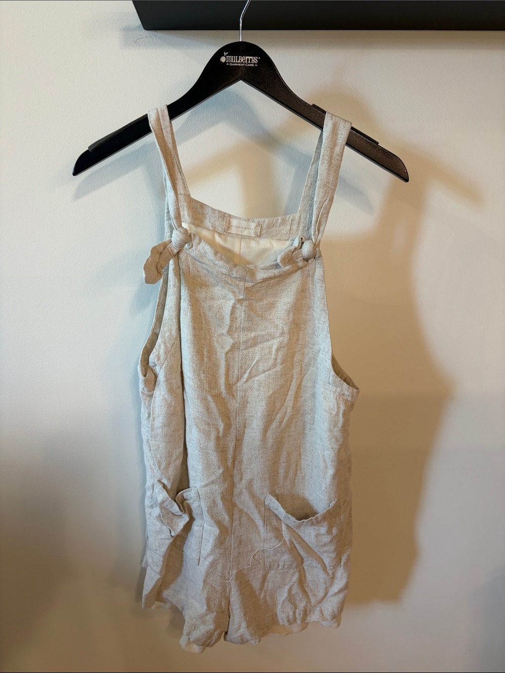 Altar'd State Cream Linen Romper Overalls with Knot Straps